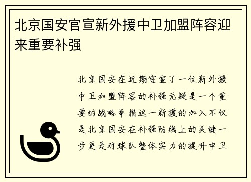 北京国安官宣新外援中卫加盟阵容迎来重要补强